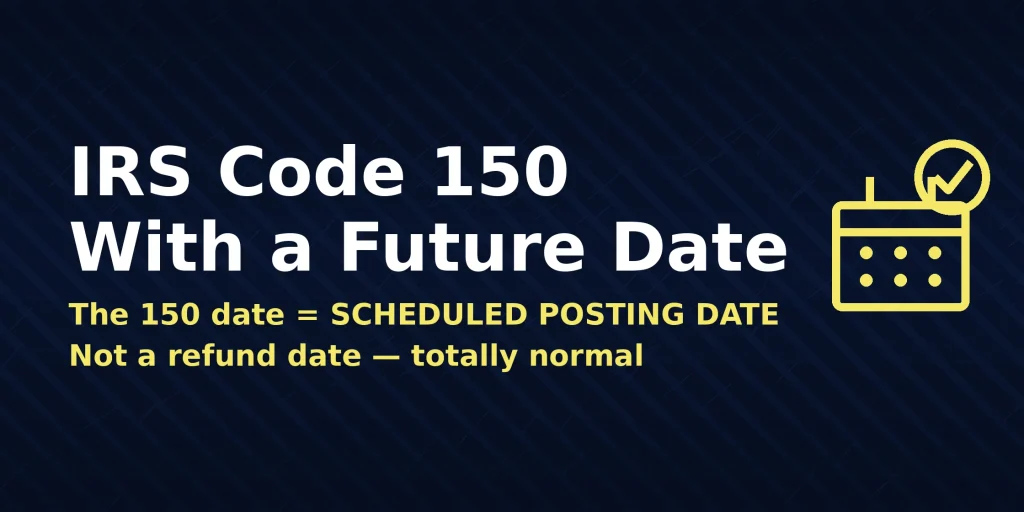 IRS Code 150 on an account transcript example showing a future posting date, with the direct answer shown in the image.