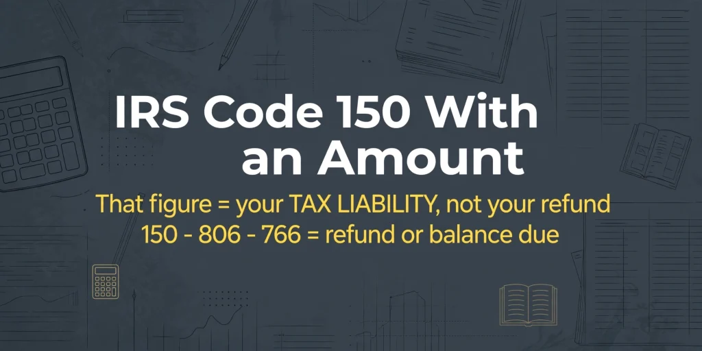 Infographic banner explaining IRS Code 150 with an amount — the dollar figure next to Code 150 is your computed tax liability, and the transcript math is 150 minus 806 and 766 credits equals refund or balance due