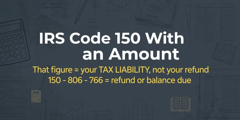 Infographic banner explaining IRS Code 150 with an amount — the dollar figure next to Code 150 is your computed tax liability, and the transcript math is 150 minus 806 and 766 credits equals refund or balance due