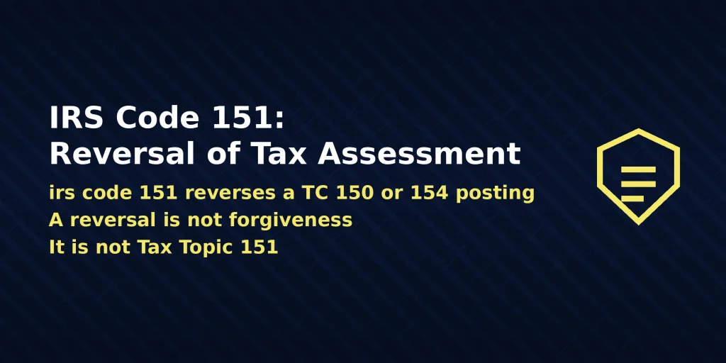 IRS account transcript showing irs code 151 meaning Reversal of Tax Assessment, with the direct answer displayed in the image