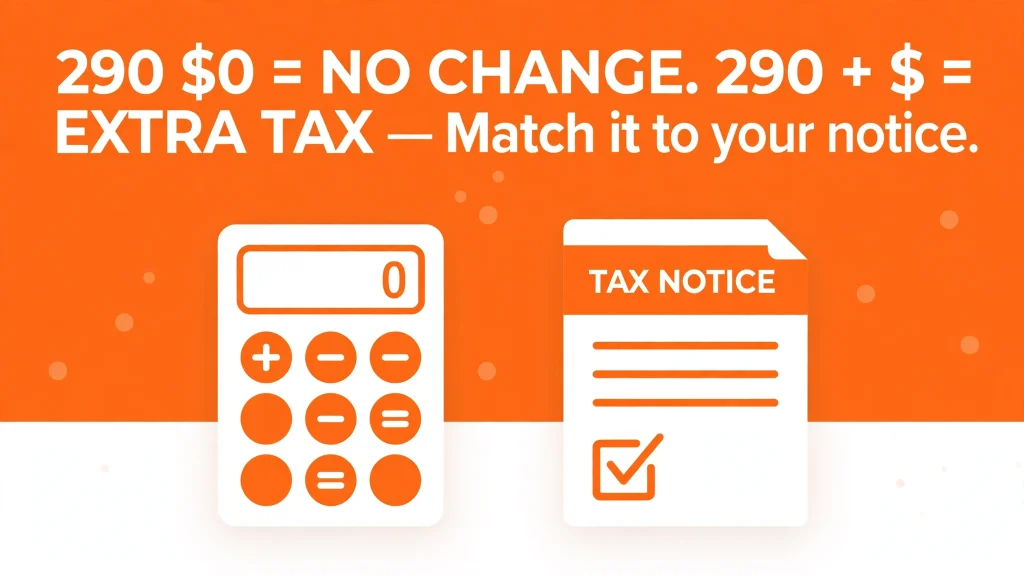 290 $0 = NO CHANGE. 290 + $ = EXTRA TAX — Match it to your notice.