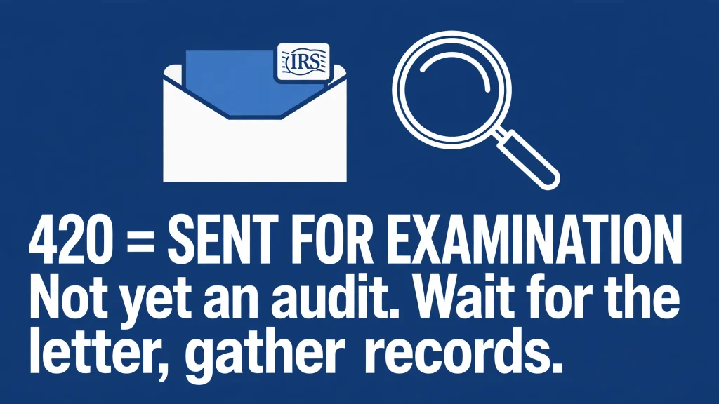 420 = SENT FOR EXAMINATION — Not yet an audit. Wait for the letter, gather records.