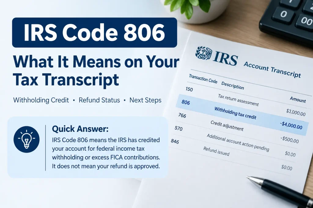 IRS Code 806 on a tax transcript showing a withholding credit and refund status explanation.