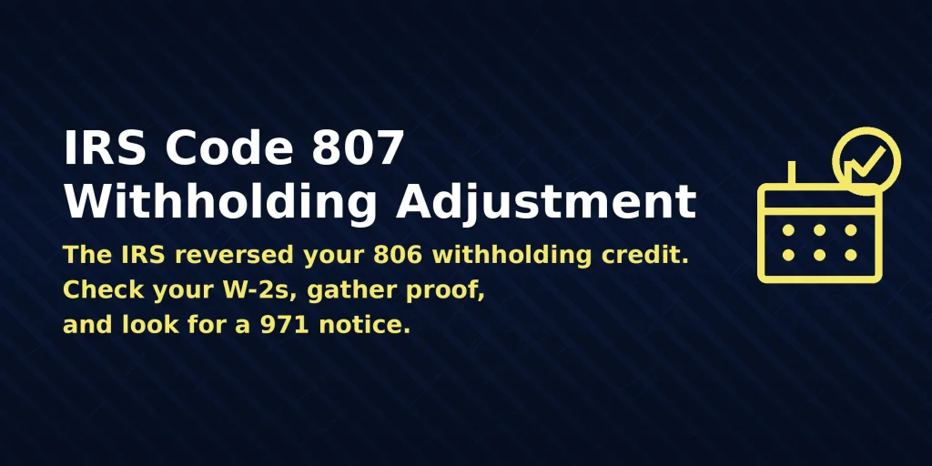 Account transcript line showing IRS Code 807 reversed withholding credit, with the direct answer shown in the image