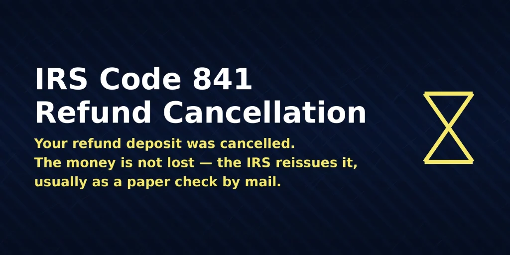 Account transcript line showing IRS Code 841 cancelled refund deposit, with the direct answer shown in the image