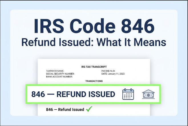 A clean IRS tax transcript document showing the transaction code "846 — REFUND ISSUED" highlighted with a green border and accompanied by a calendar and a bank building icon. Text overlay above the document reads "IRS Code 846" and "Refund Issued: What It Means." The overall background is a pale blue.