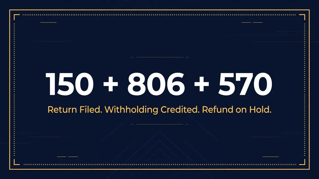 Featured image showing IRS codes 150, 806 and 570 with the direct answer: return filed, withholding credited, refund on hold