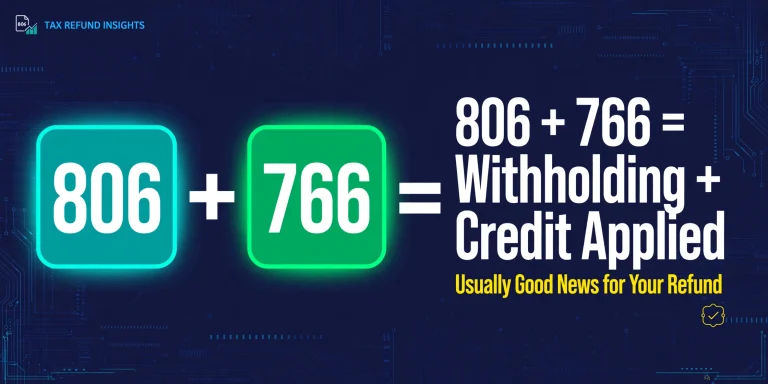 Infographic banner explaining IRS Codes 806 and 766 together — Code 806 is federal tax withholding and Code 766 is a refundable credit, both credited to your account