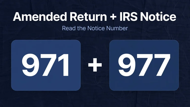 Featured banner explaining IRS codes 971 and 977 on a tax transcript, pairing an amended return with an IRS notice
