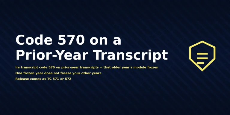 IRS prior-year account transcript showing irs transcript code 570 on prior-year transcripts meaning Additional Account Action Pending, with the direct answer displayed in the image