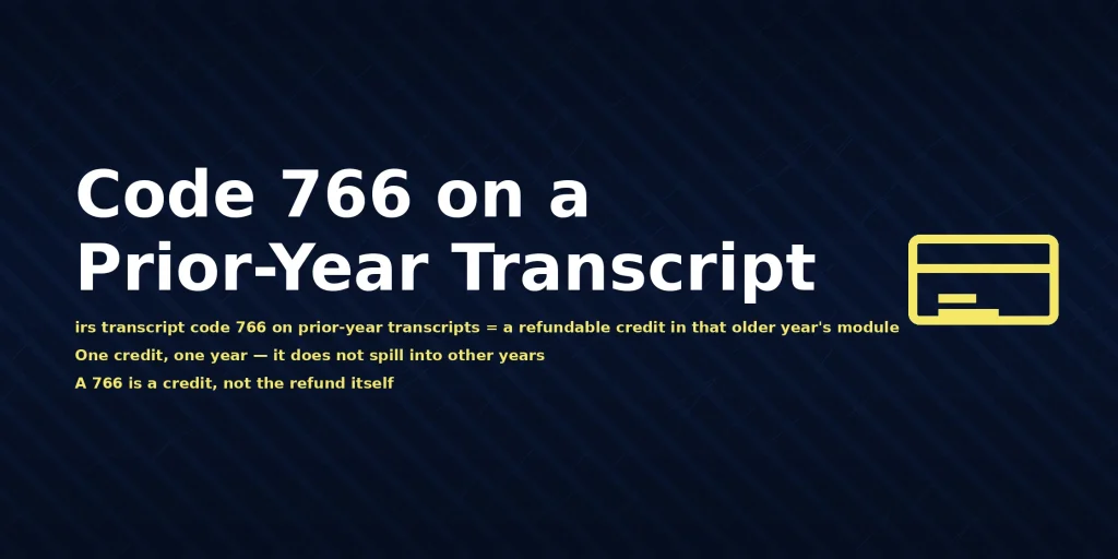 IRS prior-year account transcript showing irs transcript code 766 on prior-year transcripts meaning Generated Refundable Credit Allowance, with the direct answer displayed in the image