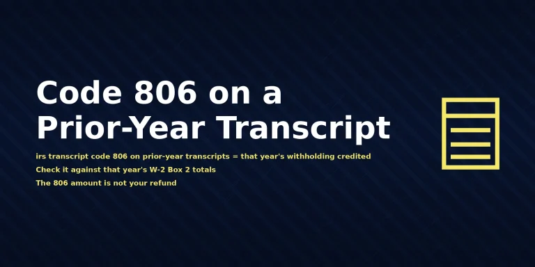 IRS prior-year account transcript showing irs transcript code 806 on prior-year transcripts meaning Credit for Withheld Taxes and Excess FICA, with the direct answer displayed in the image