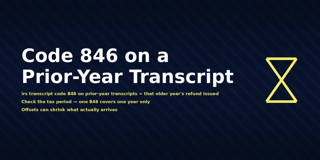 IRS prior-year account transcript showing irs transcript code 846 on prior-year transcripts meaning Refund Issued, with the direct answer displayed in the image