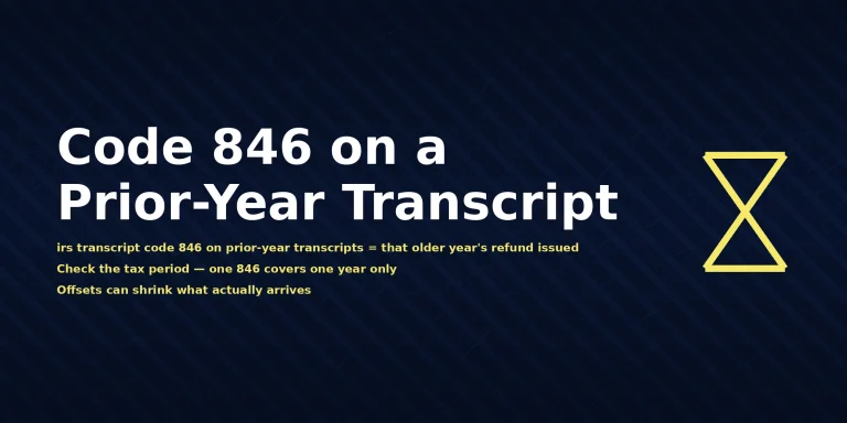IRS prior-year account transcript showing irs transcript code 846 on prior-year transcripts meaning Refund Issued, with the direct answer displayed in the image