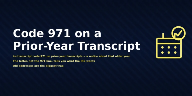 IRS prior-year account transcript showing irs transcript code 971 on prior-year transcripts meaning Notice Issued, with the direct answer displayed in the image