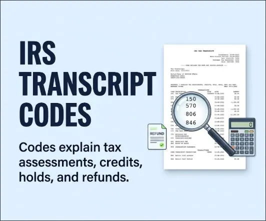 IRS transcript codes explained, including tax assessments, credits, holds, and refunds