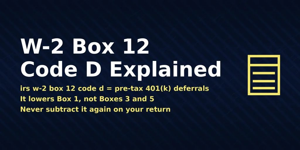 W-2 form showing irs w-2 box 12 code d meaning pre-tax 401(k) elective deferrals, with the direct answer displayed in the image