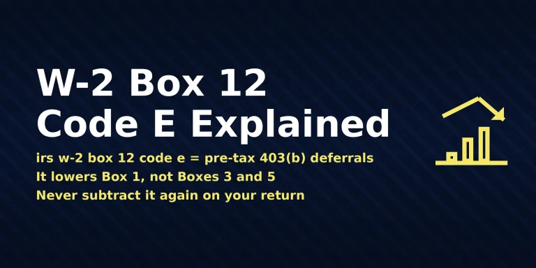 W-2 form showing irs w-2 box 12 code e meaning pre-tax 403(b) elective deferrals, with the direct answer displayed in the image