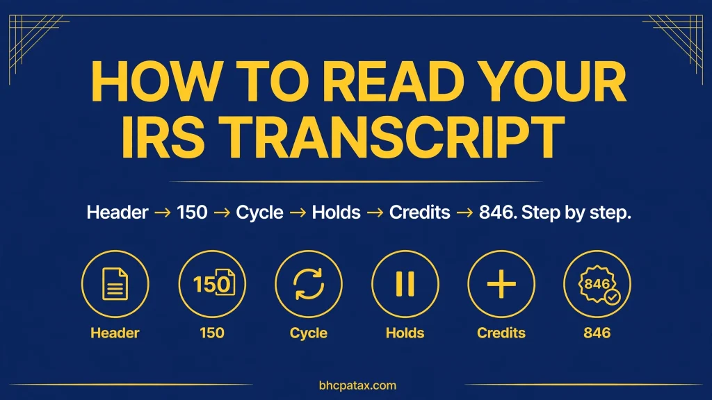 How to read your IRS transcript step by step — header, Code 150, cycle code, holds, credits, then 846
