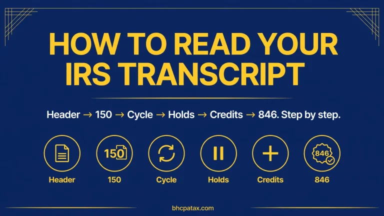 How to read your IRS transcript step by step — header, Code 150, cycle code, holds, credits, then 846