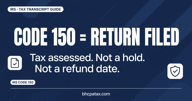 IRS Code 150 equals return filed — tax assessed. Not a hold. Not a refund date.