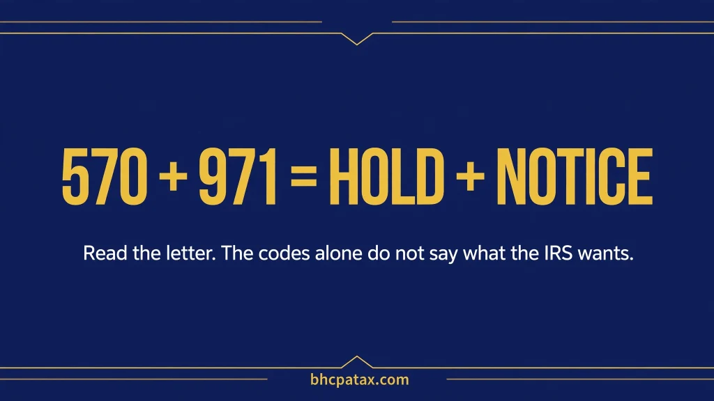 IRS Codes 570 and 971 together mean a refund hold plus a notice — read the letter, the codes alone do not say what the IRS wants
