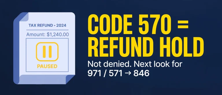 IRS Code 570 equals refund hold — not denied. Next look for 971, 571, then 846.