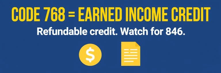 IRS Code 768 means Earned Income Credit posted — refundable credit, watch for Code 846
