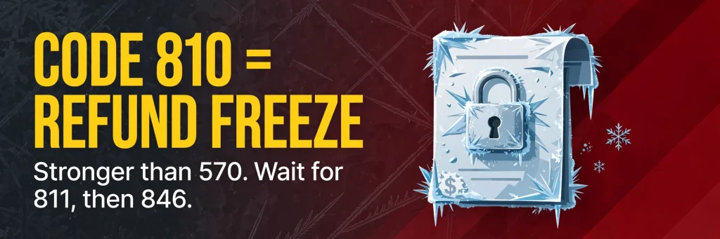 IRS Code 810 equals refund freeze — stronger than 570. Wait for 811, then 846.