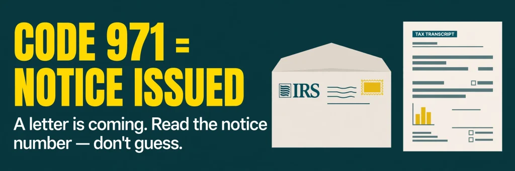IRS Code 971 equals notice issued — a letter is coming. Read the notice number, don't guess.
