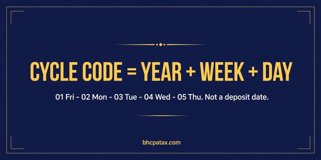 IRS cycle code equals year plus week plus day — 01 Friday, 02 Monday, 03 Tuesday, 04 Wednesday, 05 Thursday. Not a deposit date.