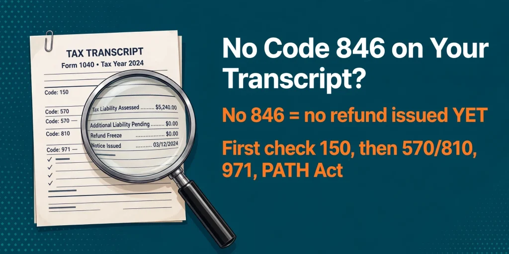 Infographic banner explaining no IRS Code 846 on transcript — 846 absent means no refund issued yet, with a diagnostic order of Code 150, holds 570 and 810, notice 971, and PATH Act timing